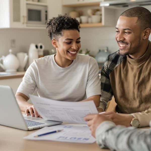 Couple souriant discutant avec un conseiller financier à leur domicile.
