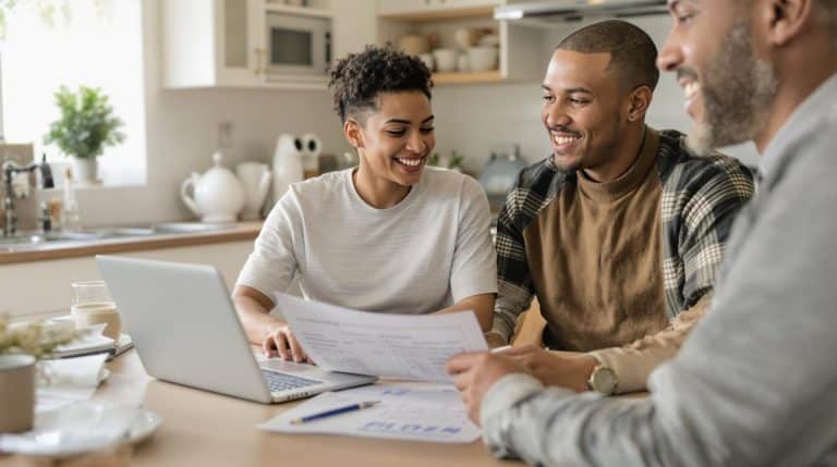 Couple souriant discutant avec un conseiller financier à leur domicile.