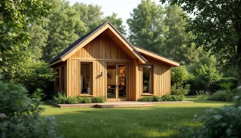 Une petite cabane en bois avec de grandes fenêtres se trouve dans une cour herbeuse entourée d'arbres et de verdure lors d'une journée ensoleillée.