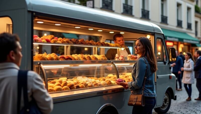 Une femme achète des pâtisseries dans un food truck qui expose ses produits dans une rue de la ville, entourée d'autres personnes.