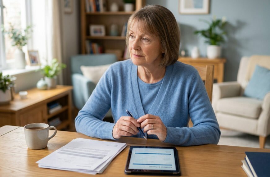 Femme d'âge mûr pensive devant des formulaires et une tablette pour gérer des démarches administratives.