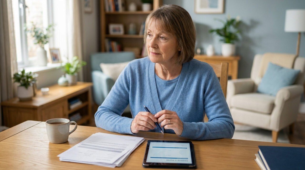 Femme d'âge mûr pensive devant des formulaires et une tablette pour gérer des démarches administratives.