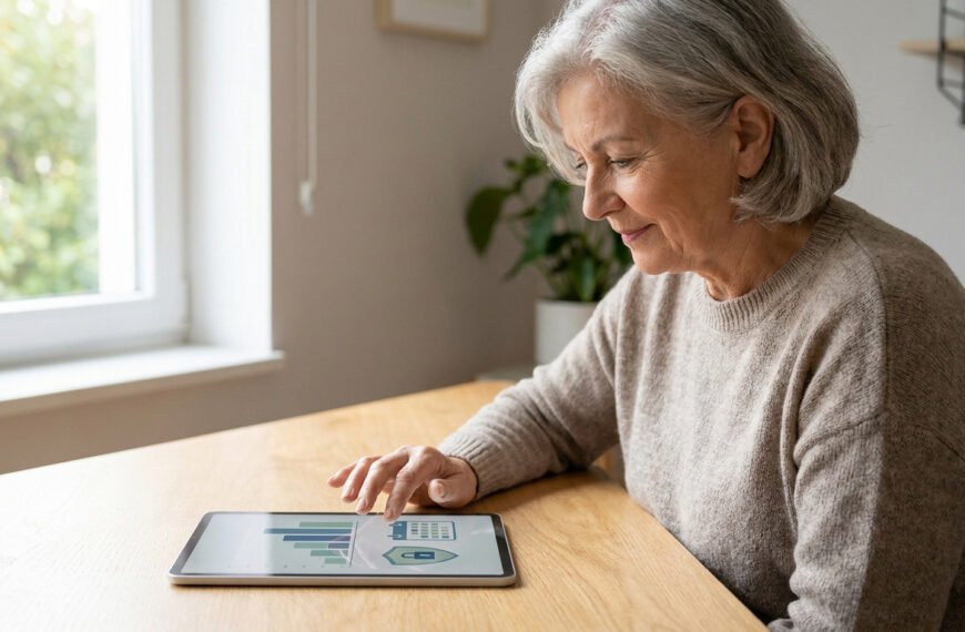 Femme senior aux cheveux gris consultant des données de retraite sur une tablette tactile.