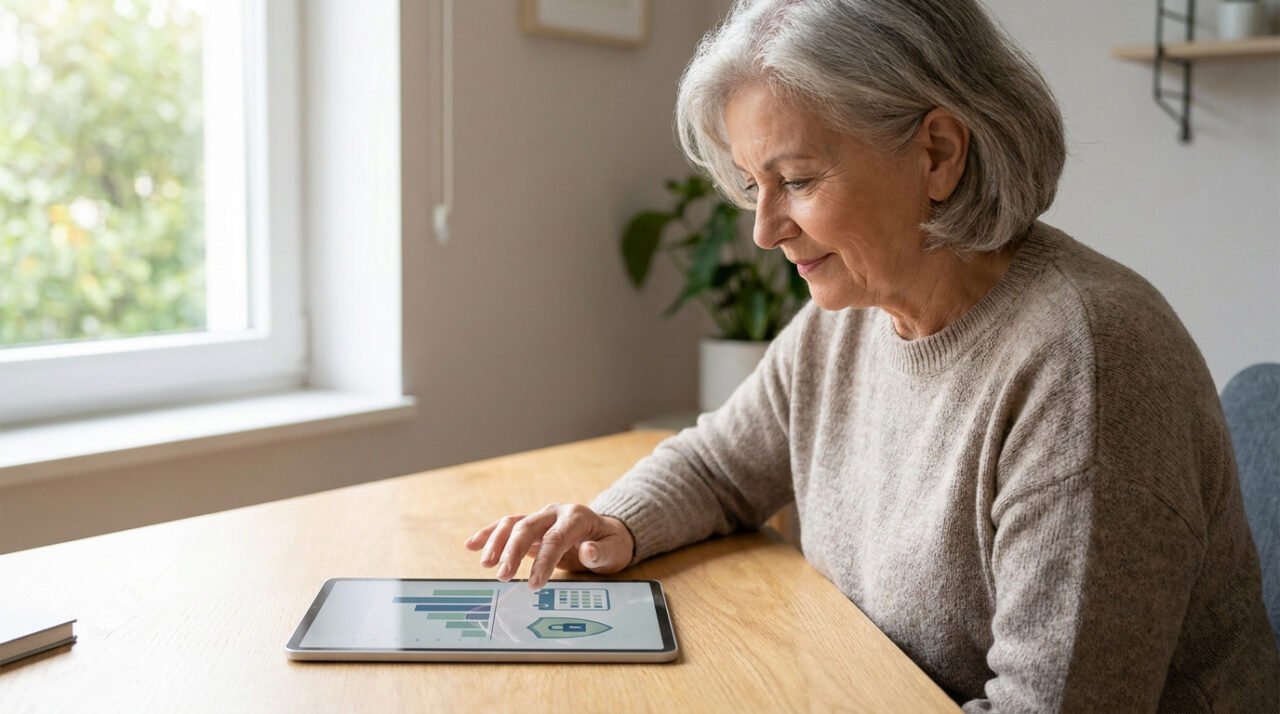 Femme senior aux cheveux gris consultant des données de retraite sur une tablette tactile.