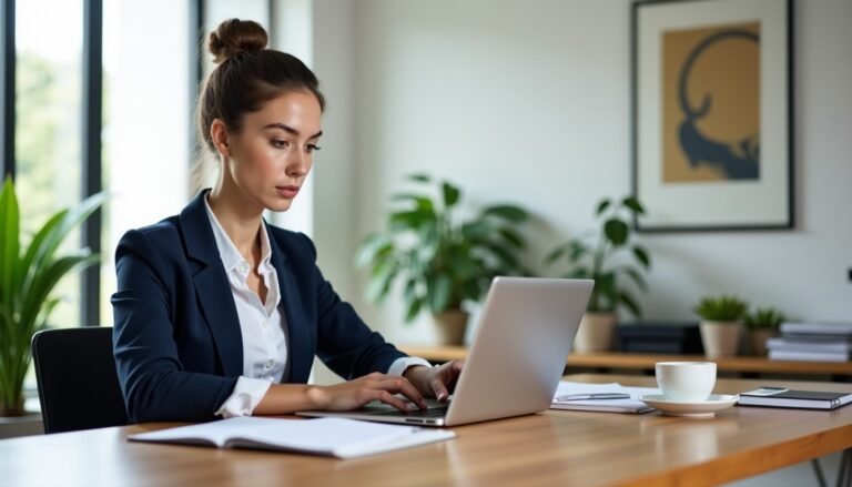 Une femme en tailleur travaille sur un ordinateur portable, assise à un bureau, avec un cahier, une tasse de café et des plantes en arrière-plan.