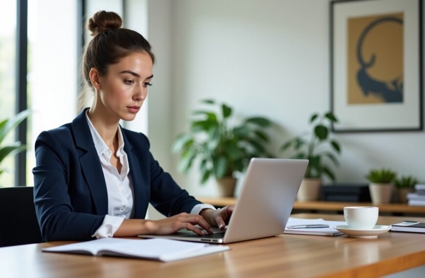 Une femme en tailleur travaille sur un ordinateur portable, assise à un bureau, avec un cahier, une tasse de café et des plantes en arrière-plan.