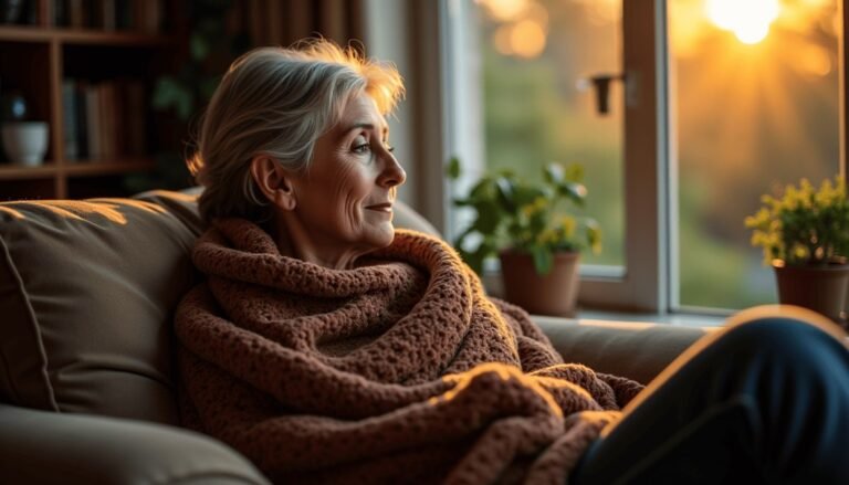 Une femme d'un certain âge, enveloppée dans une couverture, est assise sur un canapé et contemple le coucher de soleil par la fenêtre, sur le rebord de laquelle se trouvent des plantes en pot.