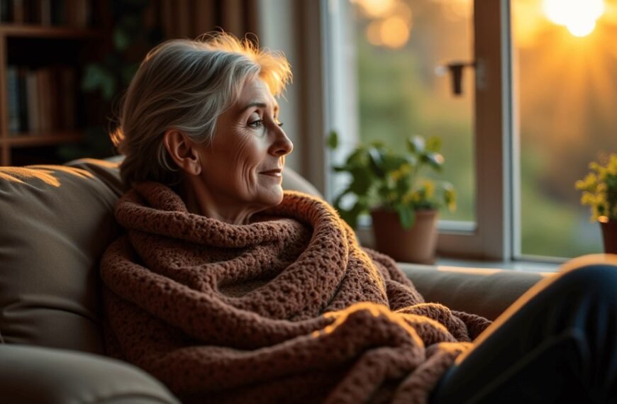 Une femme d'un certain âge, enveloppée dans une couverture, est assise sur un canapé et contemple le coucher de soleil par la fenêtre, sur le rebord de laquelle se trouvent des plantes en pot.