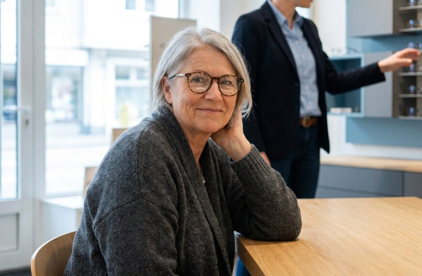 Femme senior aux cheveux gris souriante, portant des lunettes, assise à une table chez un opticien. Un employé montre des montures en arrière-plan.