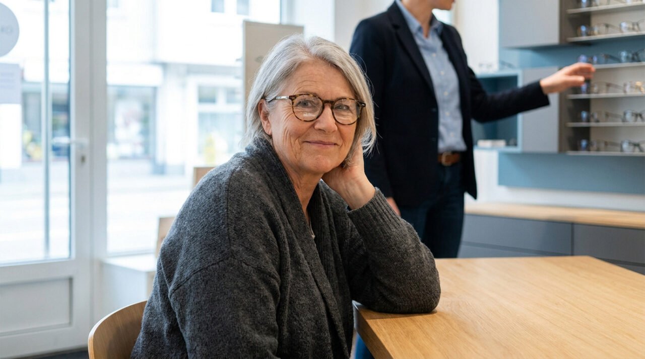 Femme senior aux cheveux gris souriante, portant des lunettes, assise à une table chez un opticien. Un employé montre des montures en arrière-plan.