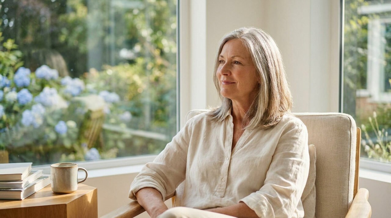Femme mature aux cheveux gris assise dans un fauteuil, regardant par la fenêtre avec sérénité.