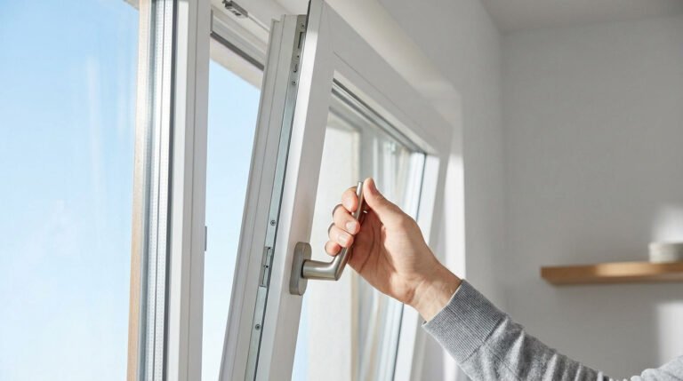 Main débloquant une fenêtre oscillo-battante blanche. La fenêtre est en position "drapeau" avec un ciel bleu en arrière-plan.