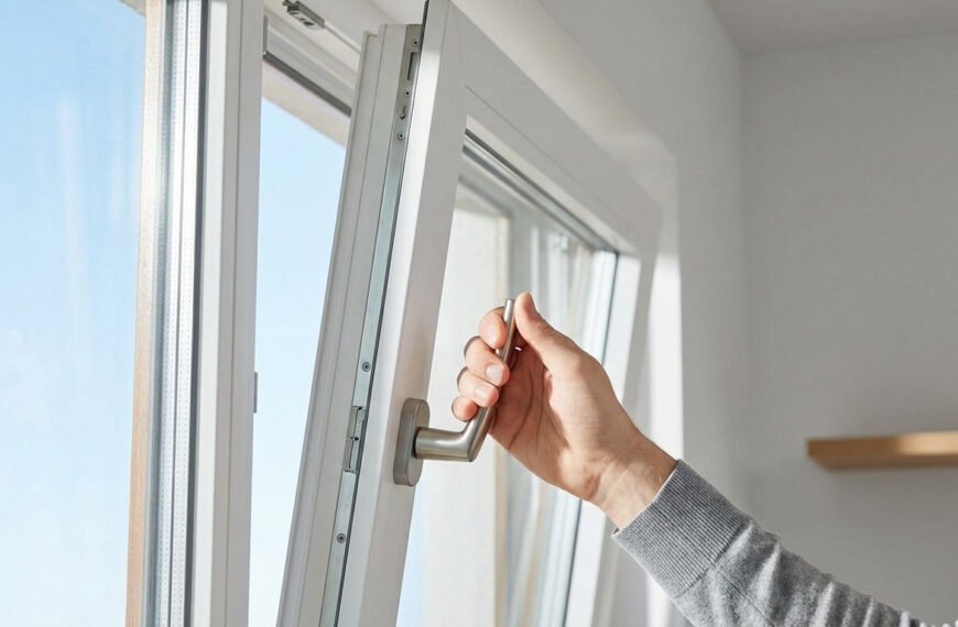 Main débloquant une fenêtre oscillo-battante blanche. La fenêtre est en position "drapeau" avec un ciel bleu en arrière-plan.
