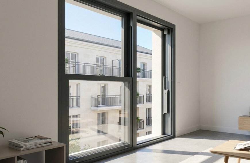 Intérieur lumineux avec grande baie vitrée coulissante noire. Vue sur immeuble résidentiel moderne en pierre claire, balcons à rambardes noires.