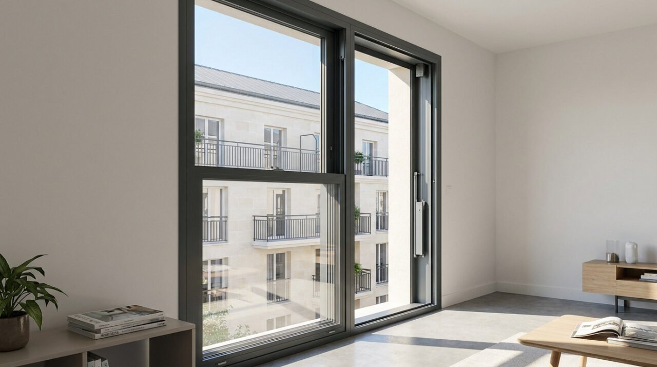 Intérieur lumineux avec grande baie vitrée coulissante noire. Vue sur immeuble résidentiel moderne en pierre claire, balcons à rambardes noires.