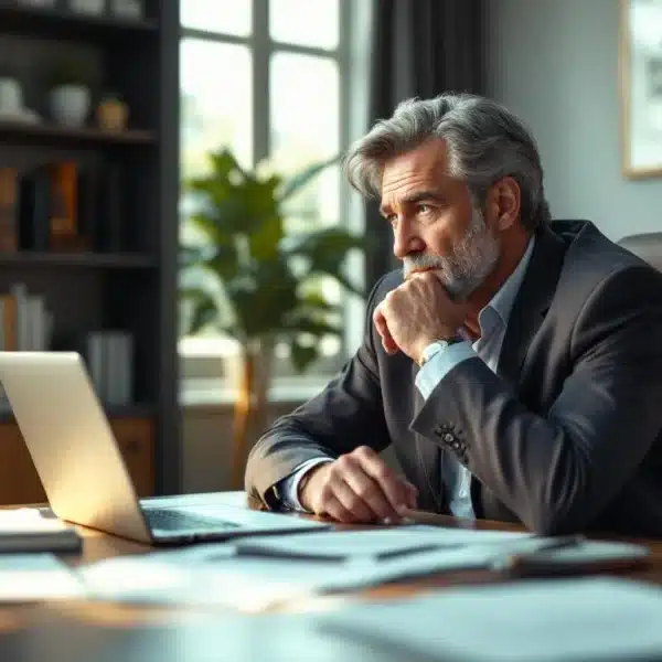 Un homme en costume est assis à un bureau, regardant pensivement un ordinateur portable et des documents étalés autour de lui.