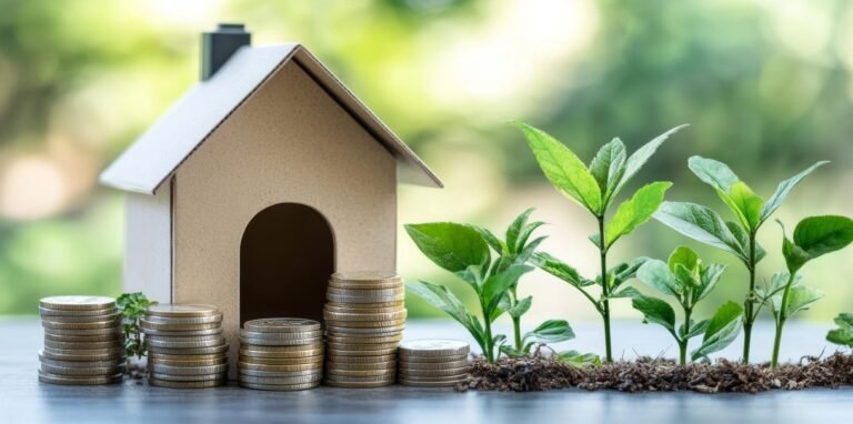 Une maison modèle, des pièces de monnaie empilées et des plantes vertes poussant dans le sol sont disposées en rangée, symbolisant l'investissement, l'épargne et la croissance.