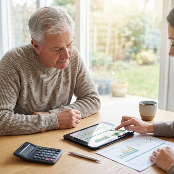 Financial advisor and retiree review financial charts on a tablet and document at a bright home office desk.