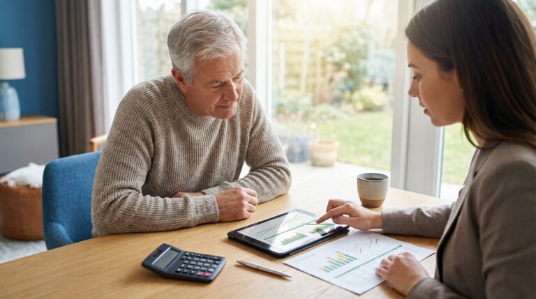 Financial advisor and retiree review financial charts on a tablet and document at a bright home office desk.