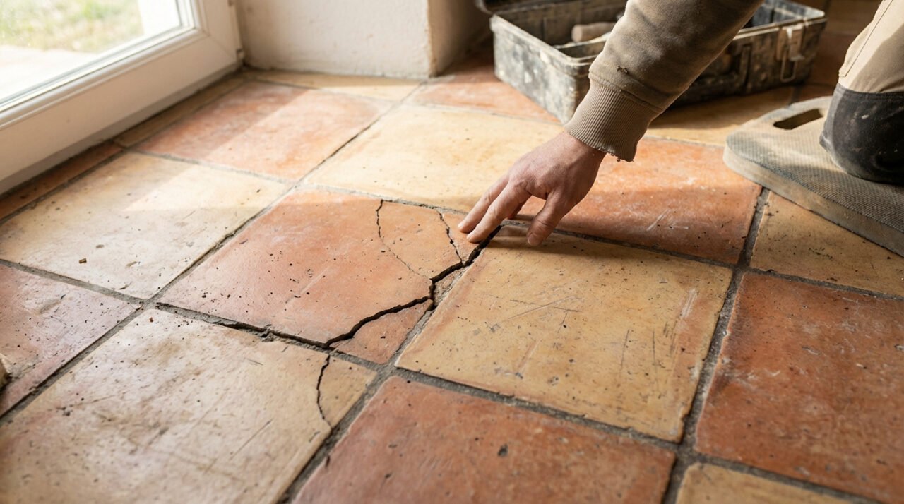 Main d'une personne inspectant une grande fissure dans un carrelage de sol ancien en terre cuite, près d'une fenêtre et d'outils.