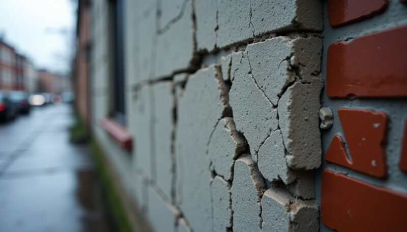 Gros plan sur le mur d'un immeuble présentant de larges fissures et du béton effrité, indiquant des signes de dommages structurels ; on aperçoit une rue et des voitures garées à l'arrière-plan, floues.