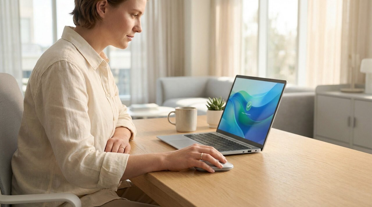 Personne assise à un bureau, utilisant une souris sans fil avec un ordinateur portable ; un mug et une petite plante sont également posés sur le bureau dans une pièce moderne et lumineuse.