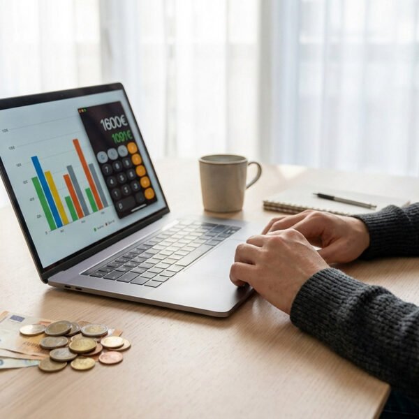 Individual analyzing finances on a laptop displaying charts and a calculator with 1600€ and 1091€. Euro cash nearby.