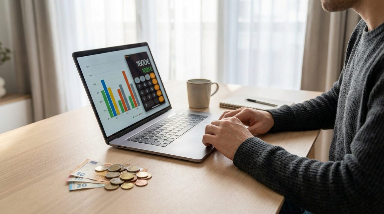Individual analyzing finances on a laptop displaying charts and a calculator with 1600€ and 1091€. Euro cash nearby.