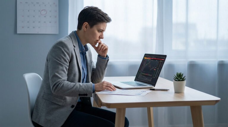 Gender-neutral figure in smart casual attire, mid-shot, contemplating a laptop with financial charts and a document at a minimalist desk. Overcast window background with calendar. Muted tones, anxious mood.