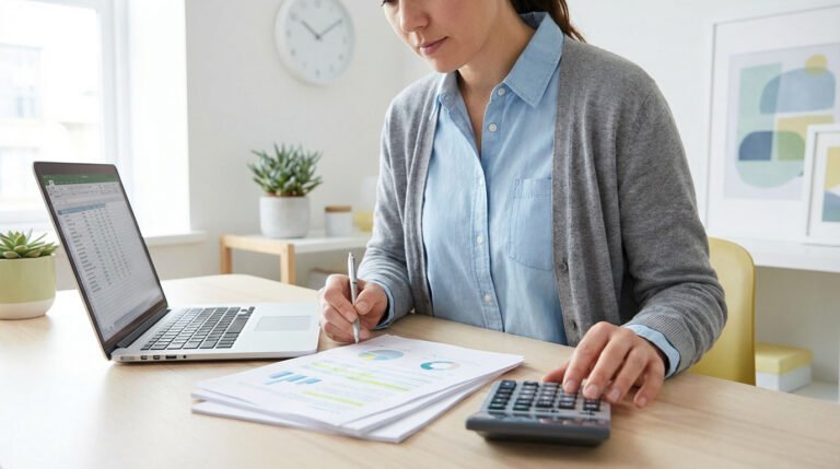 A focused professional reviews documents with charts and uses a calculator at a clean, modern desk in a well-lit home office.