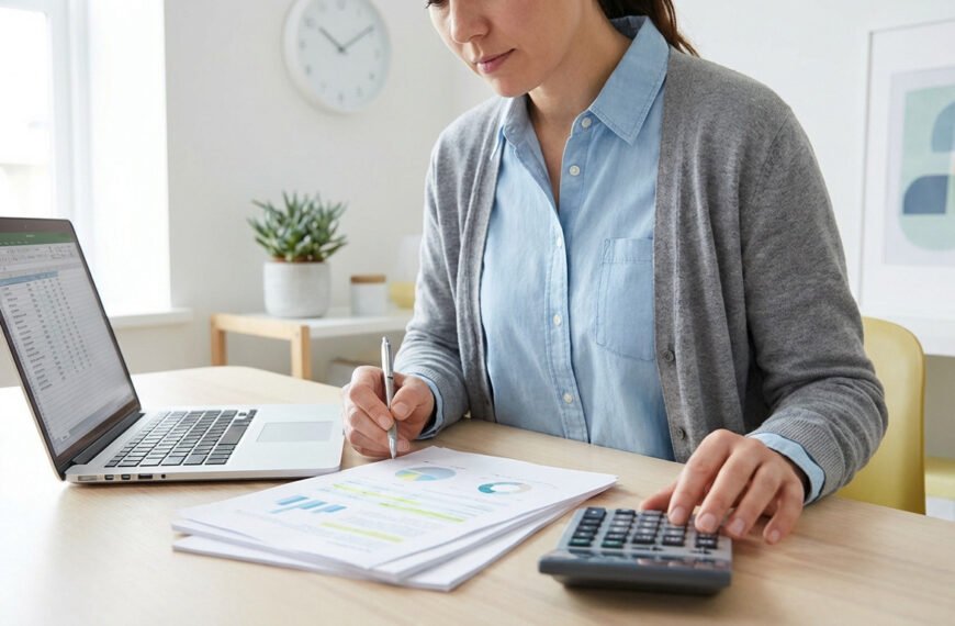 A focused professional reviews documents with charts and uses a calculator at a clean, modern desk in a well-lit home office.
