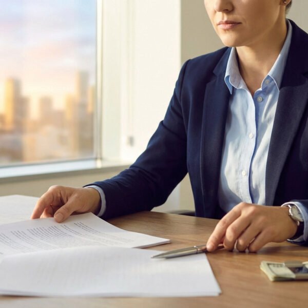 Une personne en costume d'affaires est assise à un bureau avec des documents, un stylo et une petite liasse de billets, avec un paysage urbain visible à travers la fenêtre.