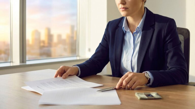 Une personne en costume d'affaires est assise à un bureau avec des documents, un stylo et une petite liasse de billets, avec un paysage urbain visible à travers la fenêtre.