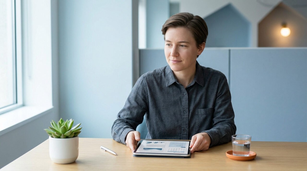 Une personne en chemise grise est assise à un bureau avec une tablette affichant des graphiques, un verre d'eau, un stylo et une plante en pot, en regardant par la fenêtre dans un bureau moderne.