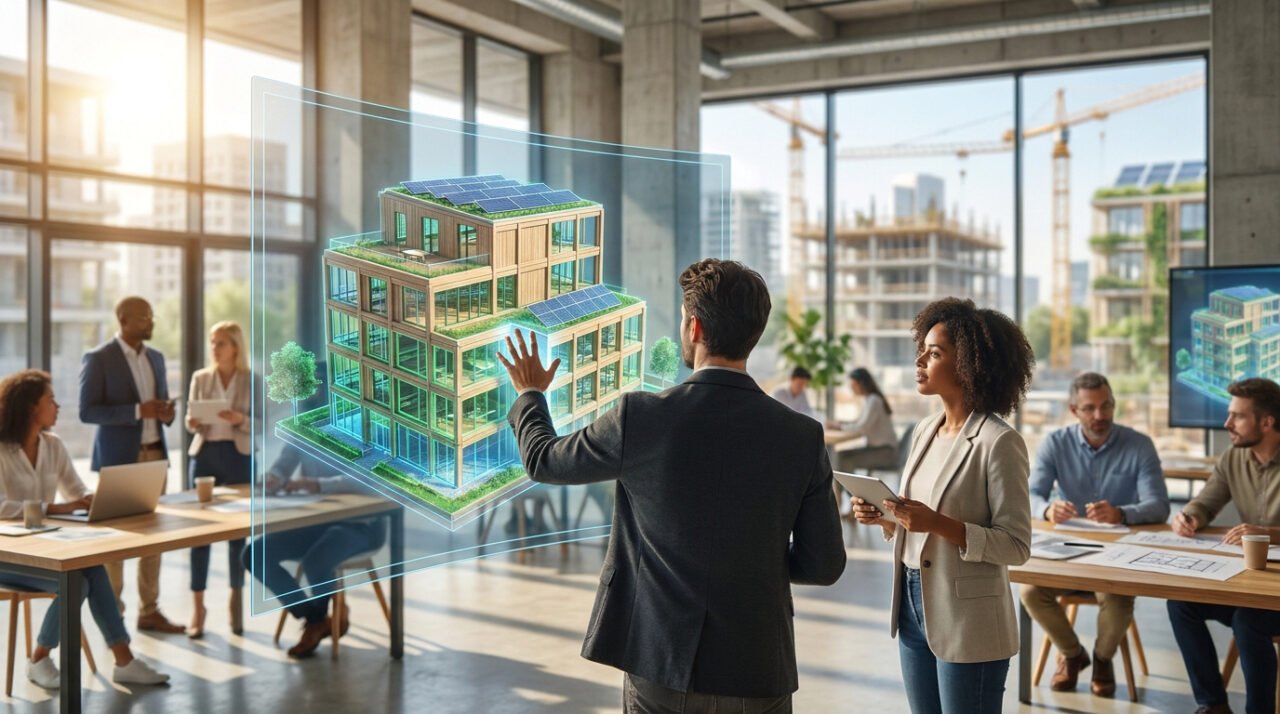 Professionnels dans un bureau moderne interagissant avec un modèle holographique d'immeuble durable.