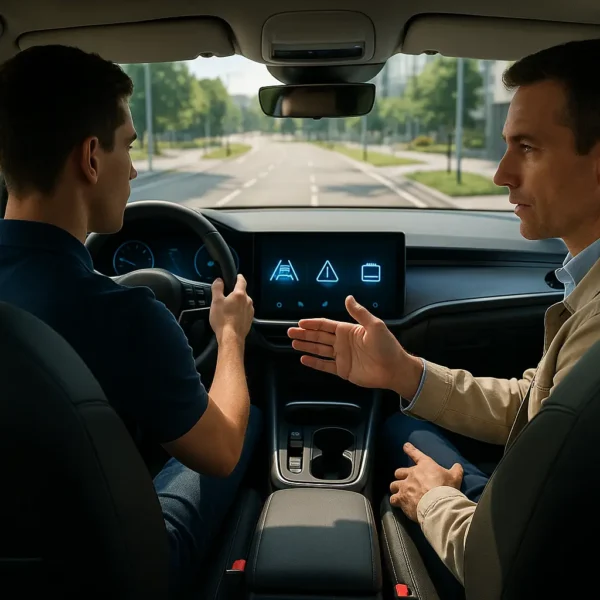 Deux hommes sont assis à l'avant d'une voiture ; le conducteur tient le volant tandis que l'autre fait des gestes, peut être pour donner des instructions ou des conseils, l'écran du tableau de bord étant visible.