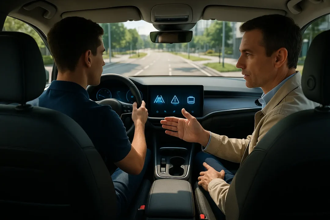 Deux hommes sont assis à l'avant d'une voiture ; le conducteur tient le volant tandis que l'autre fait des gestes, peut être pour donner des instructions ou des conseils, l'écran du tableau de bord étant visible.