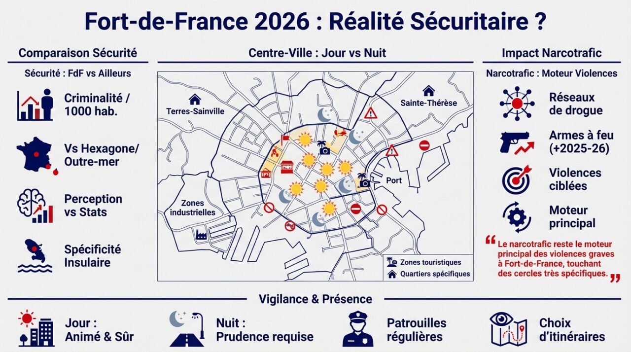 Vue de Fort-de-France en 2026 montrant la réalité sécuritaire de la ville