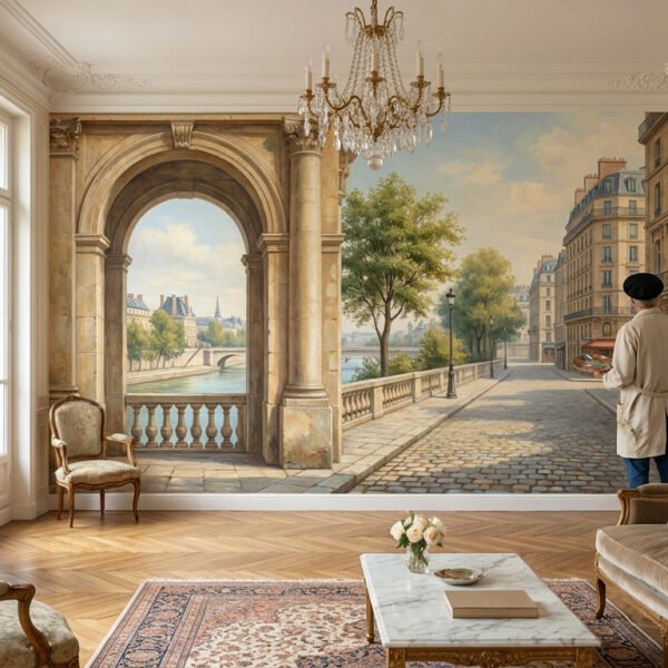 Salon chic avec une fresque murale réaliste représentant une rue de Paris et un artiste ajoutant des finitions.