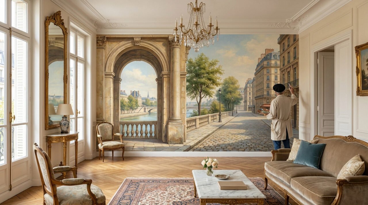 Salon chic avec une fresque murale réaliste représentant une rue de Paris et un artiste ajoutant des finitions.