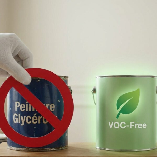 Gloved hand places 'no entry' on old 'Peinture Glycéro' can. Next, a glowing 'VOC-Free' can. Symbolizes healthier paint choices.