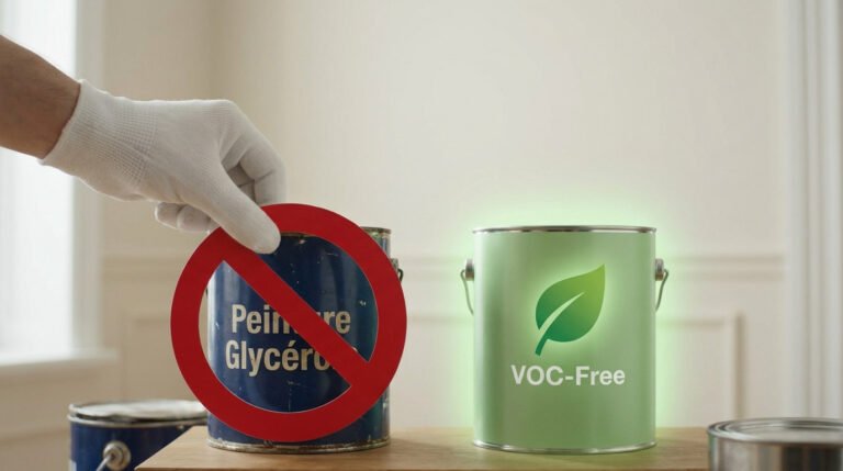 Gloved hand places 'no entry' on old 'Peinture Glycéro' can. Next, a glowing 'VOC-Free' can. Symbolizes healthier paint choices.
