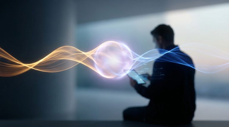 Silhouette d'une personne interagissant avec une tablette, entourée d'ondes lumineuses dorées et bleues symbolisant le flux de données et la fusion.