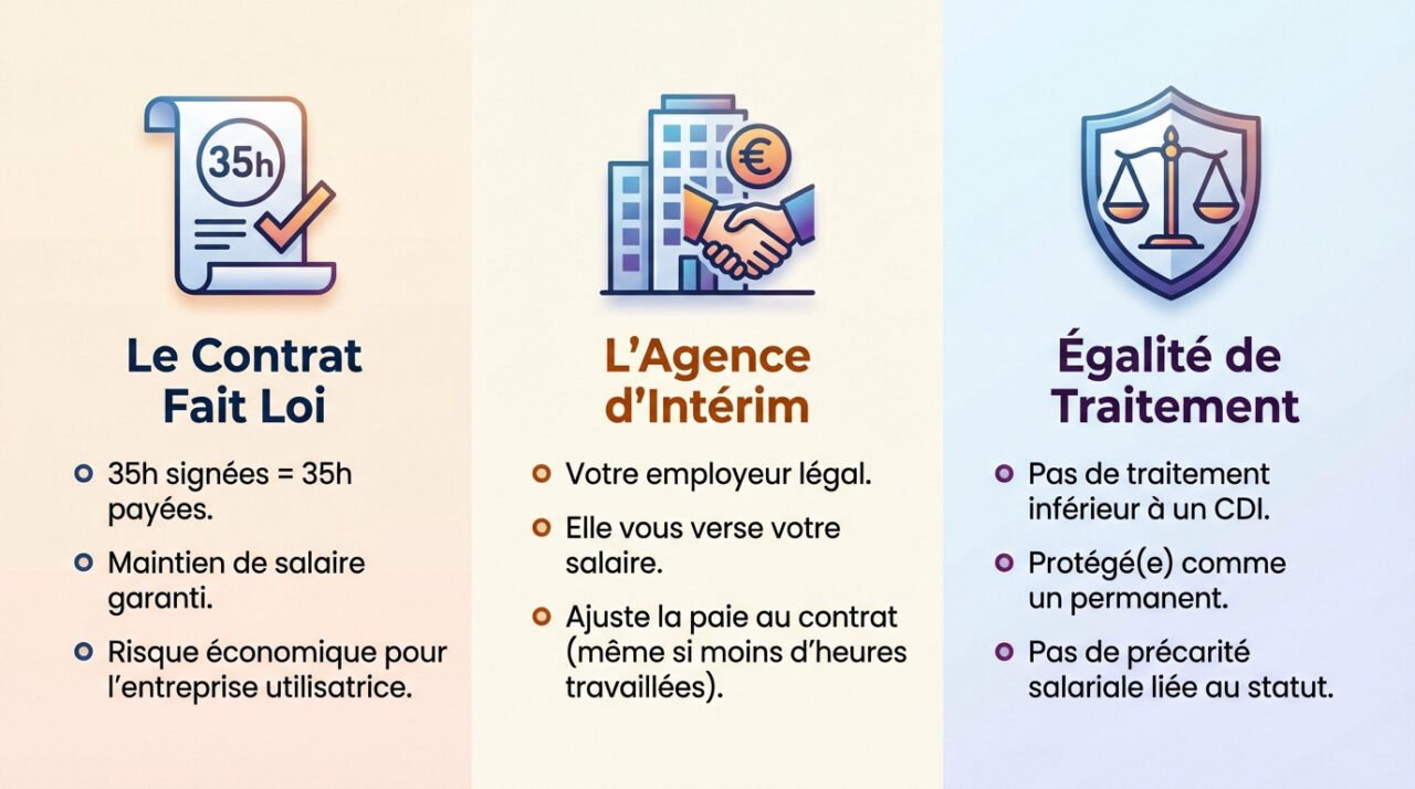 Intérimaire vérifiant son contrat de 35h et ses garanties de salaire