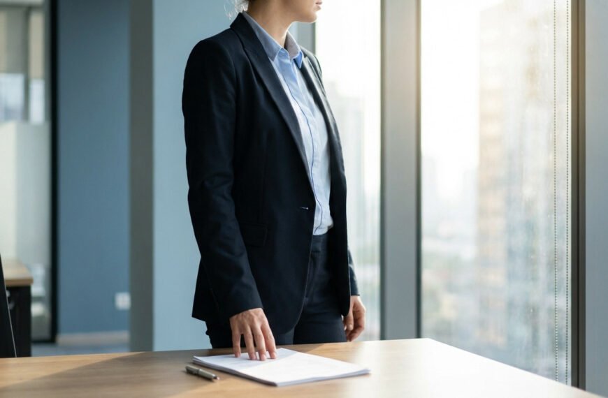 Professional woman in dark suit stands by a desk with documents, gazing thoughtfully out a sunlit office window.