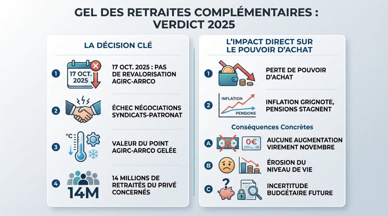 Graphique illustrant le gel des pensions de retraite Agirc-Arrco et l'impact sur le pouvoir d'achat