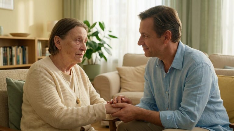 An older woman and a middle-aged man share a tender moment, holding hands and making eye contact in a warm, sunlit living room.
