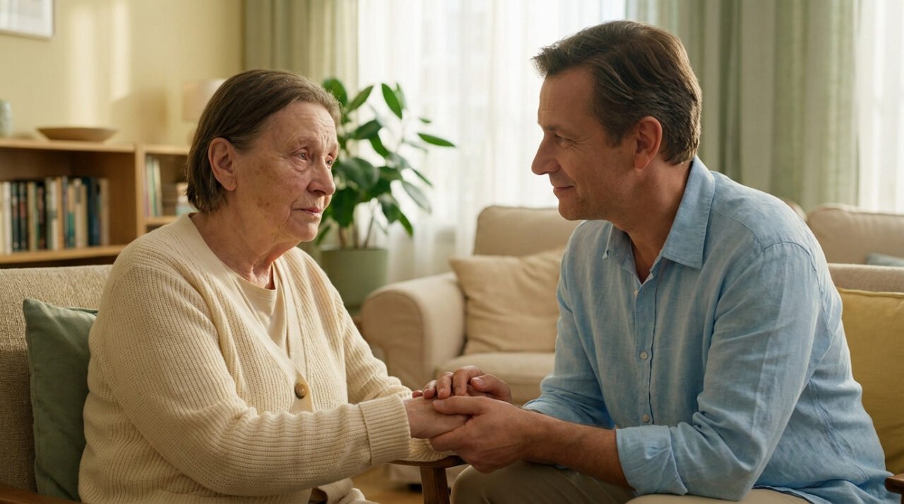 An older woman and a middle-aged man share a tender moment, holding hands and making eye contact in a warm, sunlit living room.