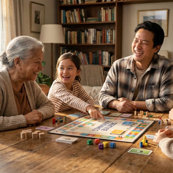 Quatre personnes et un enfant sont assis autour d'une table en bois et jouent à un jeu de société dans un salon confortable et ensoleillé avec des étagères et des plantes.