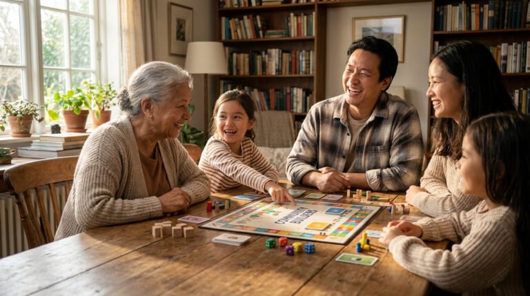 Quatre personnes et un enfant sont assis autour d'une table en bois et jouent à un jeu de société dans un salon confortable et ensoleillé avec des étagères et des plantes.
